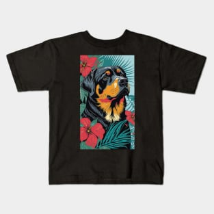 Rottweiler Dog Vibrant Tropical Flower Tall Retro Vintage Digital Pop Art Portrait Kids T-Shirt